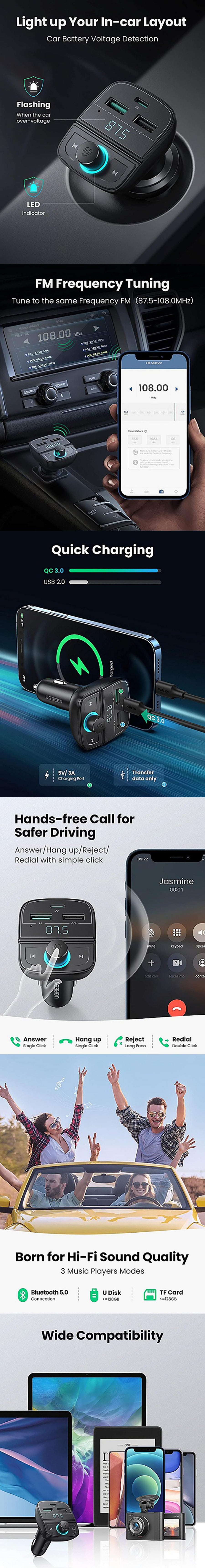 UG-80910 - Ugreen FM&Bluetooth Transmitter&Car Charger + TF Slot Black