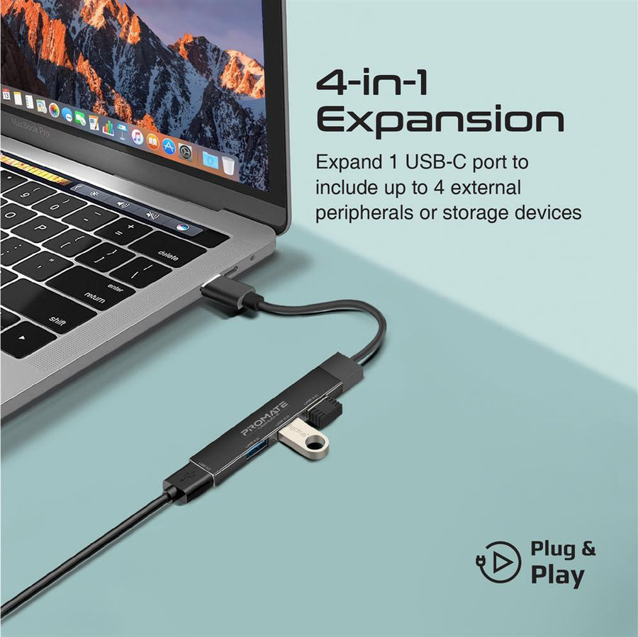 Promate LITEHUB-4-BLK - 4-in-1 Ultra-Slim Multi Port Hub. USB-C & USB-A Adapter. 4x USB-A Ports