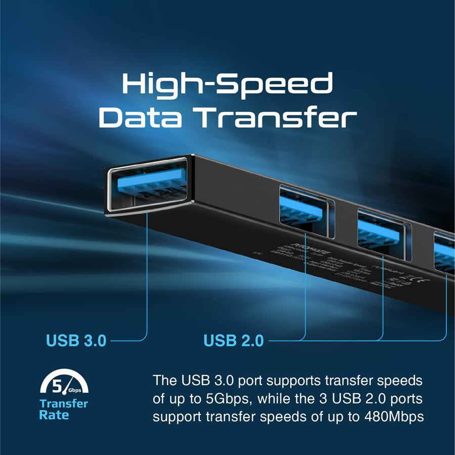Promate LITEHUB-4-BLK - 4-in-1 Ultra-Slim Multi Port Hub. USB-C & USB-A Adapter. 4x USB-A Ports