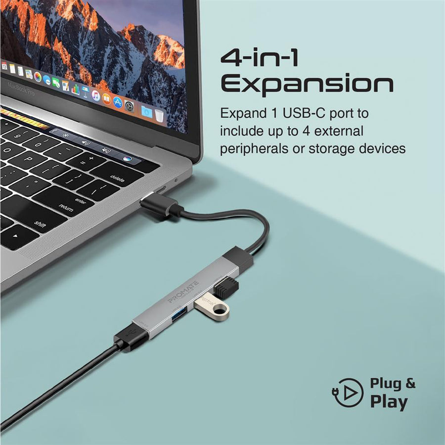 Promate LITEHUB-4-GRY - 4-in-1 Ultra-Slim Multi Port Hub. USB-C & USB-A Adapter. 4x USB-A Ports
