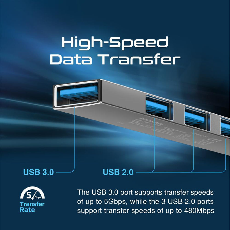 Promate LITEHUB-4-GRY - 4-in-1 Ultra-Slim Multi Port Hub. USB-C & USB-A Adapter. 4x USB-A Ports