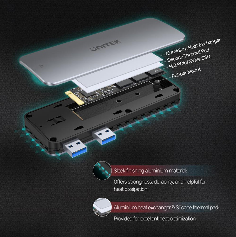 Unitek S1224A - PS5 External Storage. Dual USB-A 10G to M2 PCIe/NVMe Enclosure. Grey