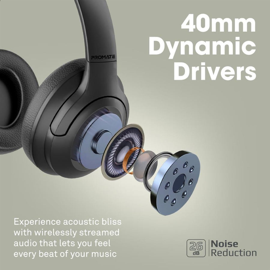 Promate CONCORD-BLK - Stereo Bluetooth Wireless Active Noise Cancelling Over-ear Headphones