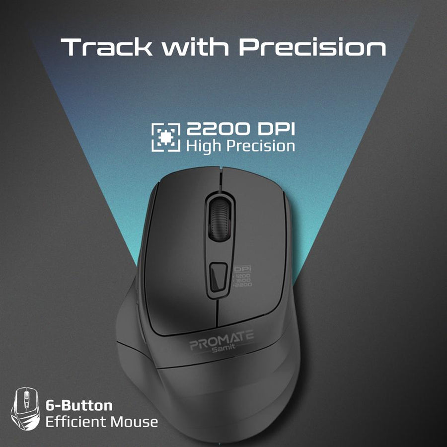 Promate SAMIT-BLK - Ergonomic Silent Click Wireless Mouse up to 2200 DPI. 10m Working Range. Plug & Play