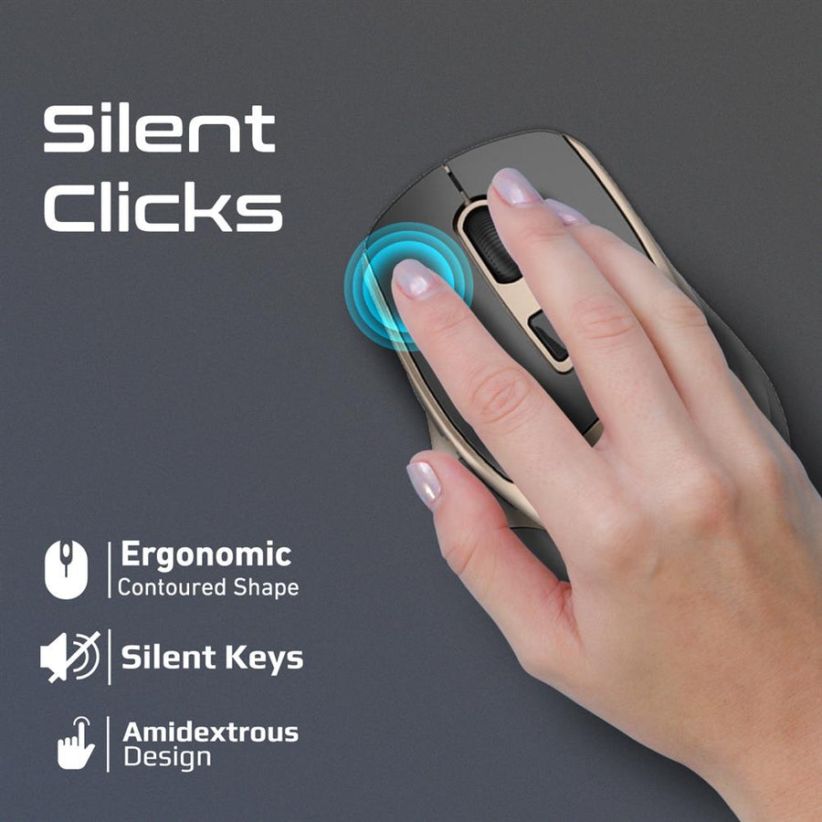 Promate SAMIT-GLD - Ergonomic Silent Click Wireless Mouse up to 2200 DPI. 10m Working Range. Plug & Play