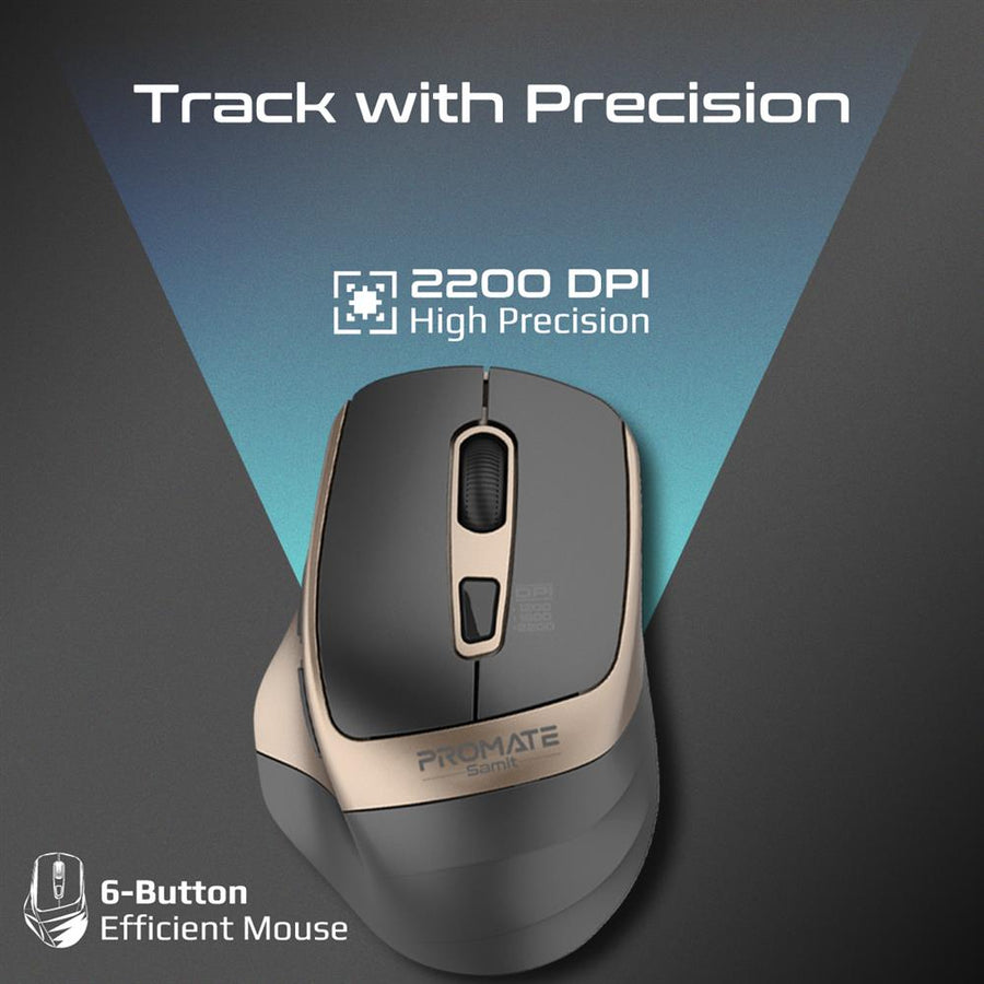 Promate SAMIT-GLD - Ergonomic Silent Click Wireless Mouse up to 2200 DPI. 10m Working Range. Plug & Play