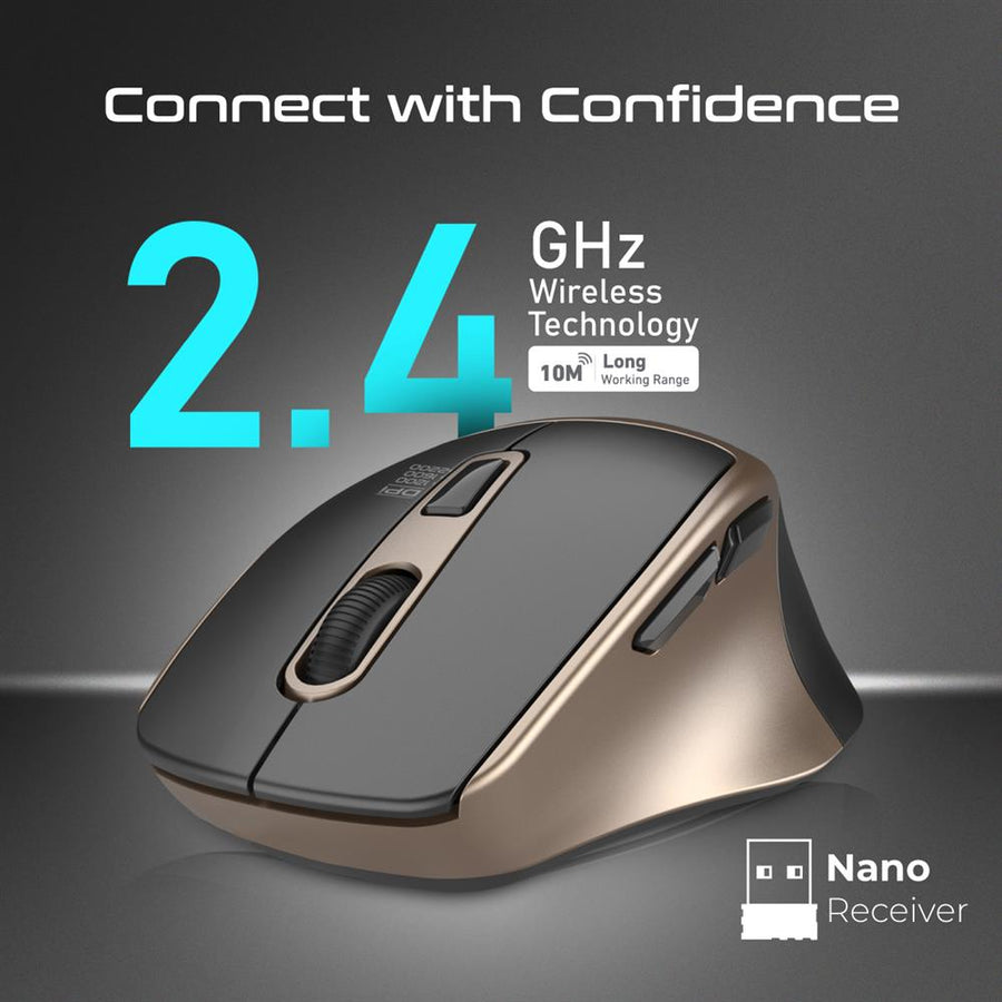 Promate SAMIT-GLD - Ergonomic Silent Click Wireless Mouse up to 2200 DPI. 10m Working Range. Plug & Play