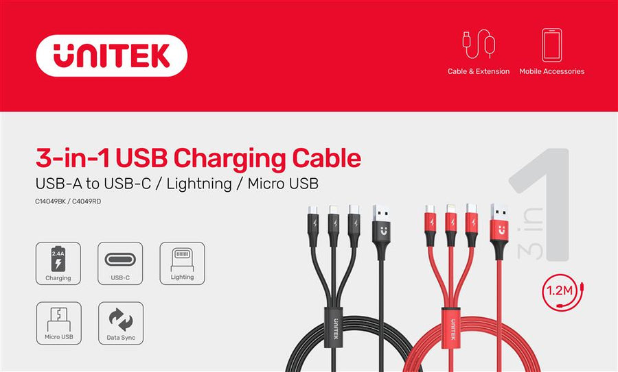 Unitek C14049BK - 1.2m USB 3-in-1 Charge Integrated USB-A to Micro-B Lightning Connector & USB-C