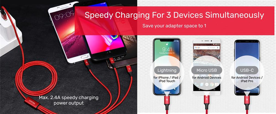 Unitek C14049BK - 1.2m USB 3-in-1 Charge Integrated USB-A to Micro-B Lightning Connector & USB-C