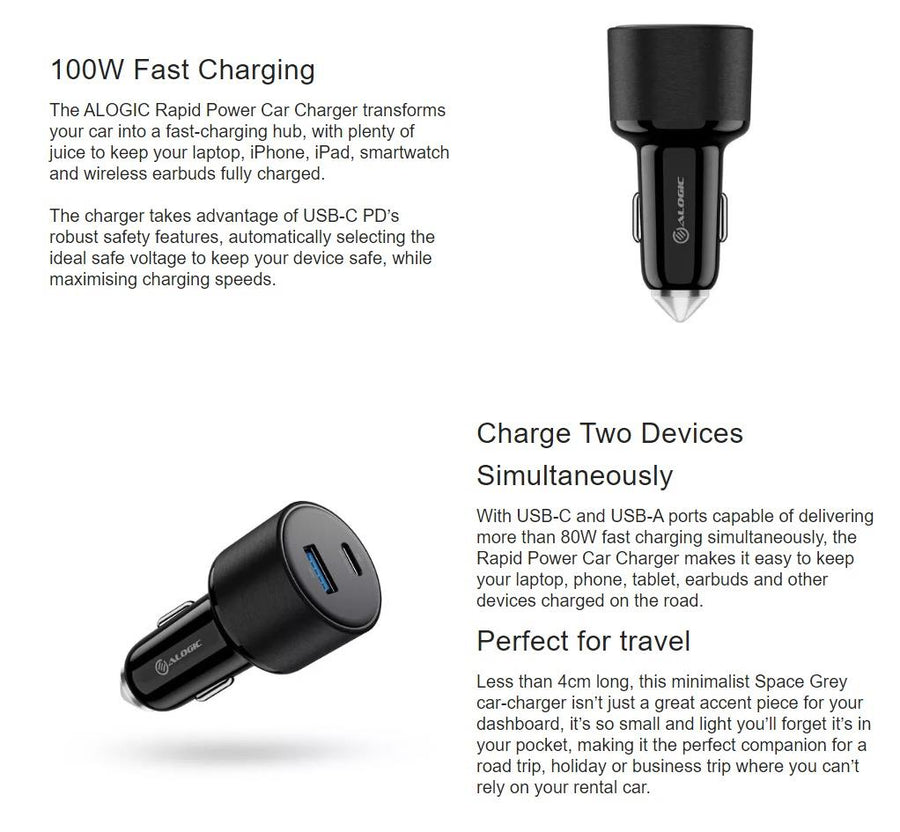 CRCA100 - ALOGIC RAPID 100W CAR CHARGE USB-C/USB-A