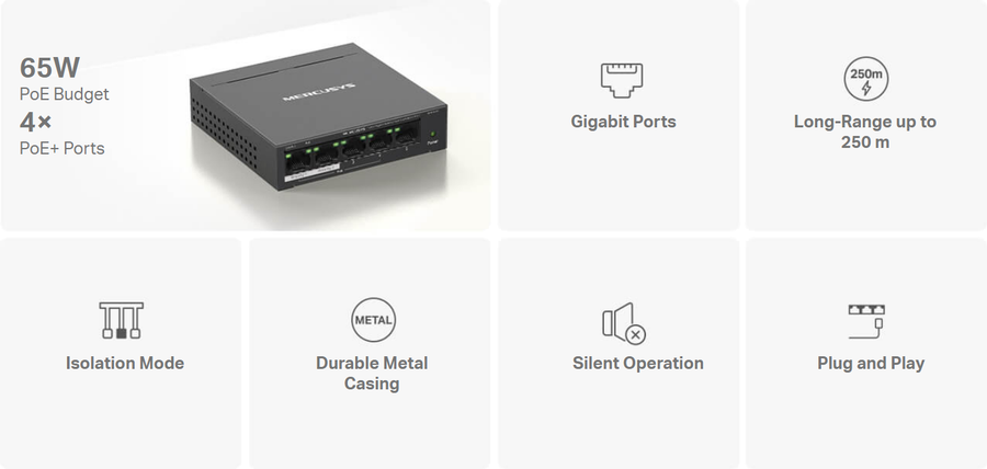TP-Link MS105GP - Mercusys MS105GP 5 Port Gigabit Switch Steel Case 4x PoE+