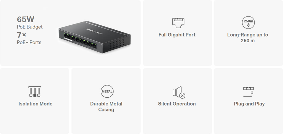 TP-Link MS108GP - Mercusys MS108GP 8 Port Gigabit Switch Steel Case 7x PoE+