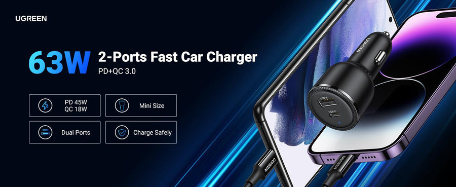 UG-35023 - UGREEN PD 63W Kfz-Ladegerät - USB-C & USB-A - PSS 45W Super Fast Charging 2.0 + QC 18W - Dual-Port Ladegerät