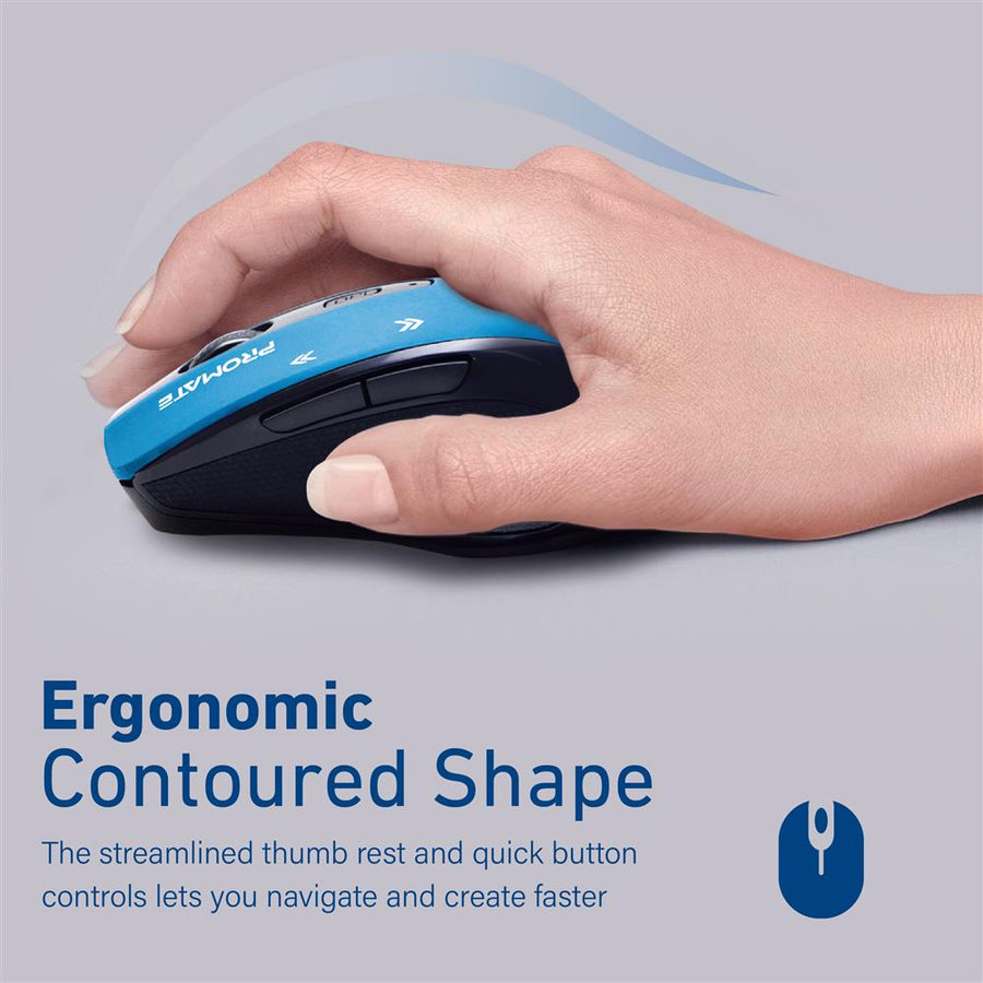Promate CURSOR-BL - EZGrip Ergonomic Wireless Mouse w/ Quick Forward/Back Buttons Blue