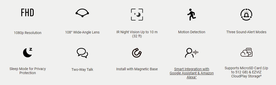 EZVIZ H1C - 2MP Indoor WiFi Smart Home FHD Camera Magnetic Base. 1080P Res 108 Wide-Angle Lens