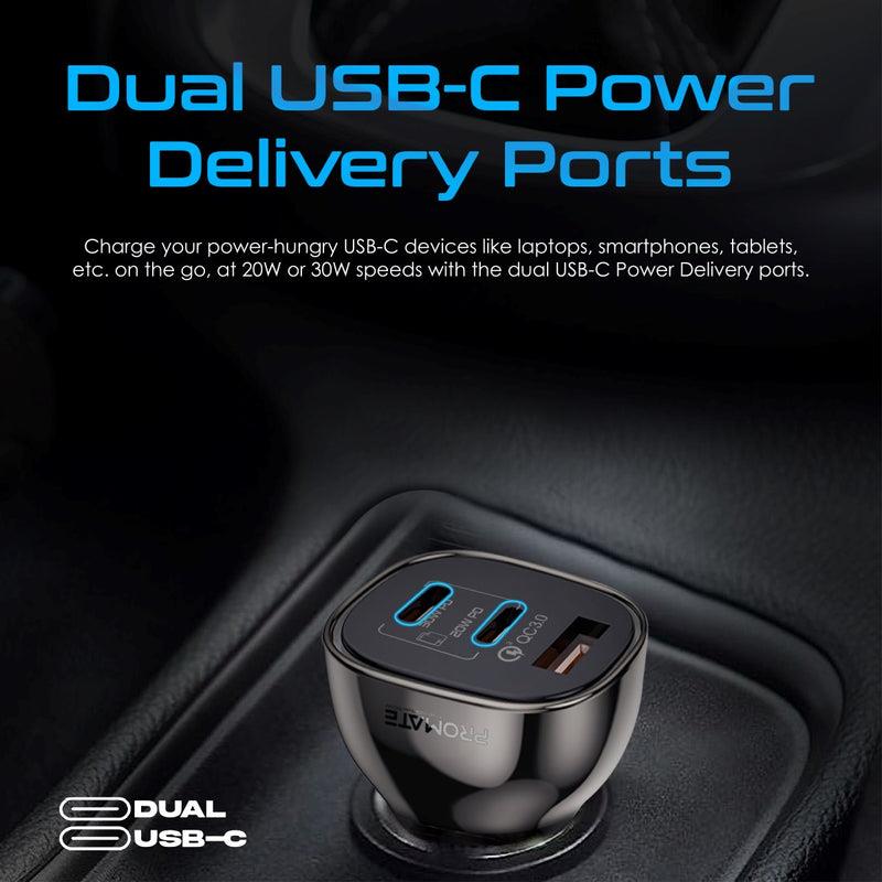 Promate TRANSDRIVE-80W - 80W Quick Charging In-Car Adapter for Tablets & phones. 30W & 20W PD USB-C Ports.