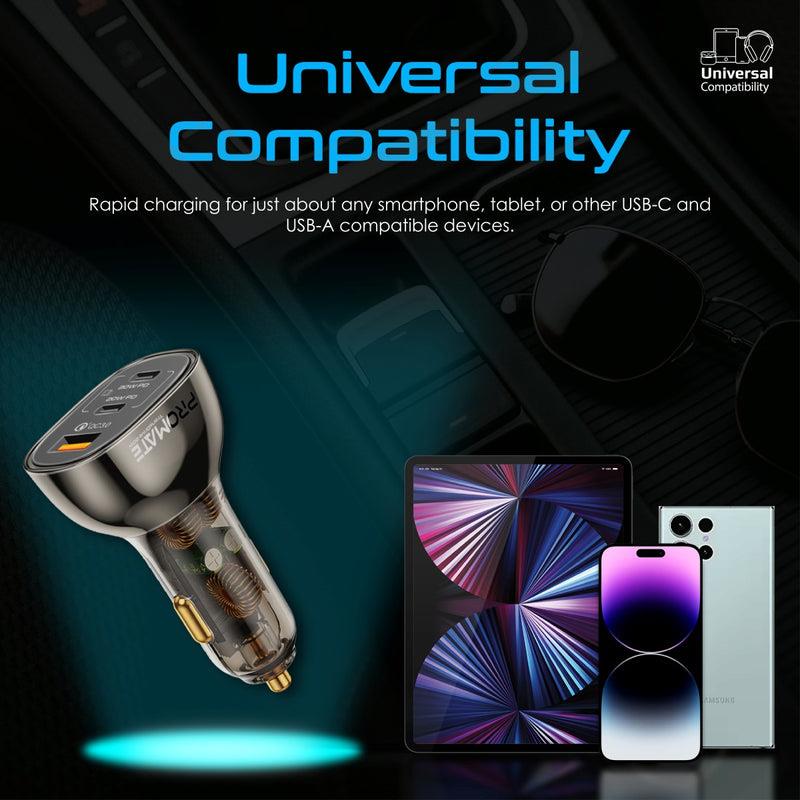 Promate TRANSDRIVE-80W - 80W Quick Charging In-Car Adapter for Tablets & phones. 30W & 20W PD USB-C Ports.