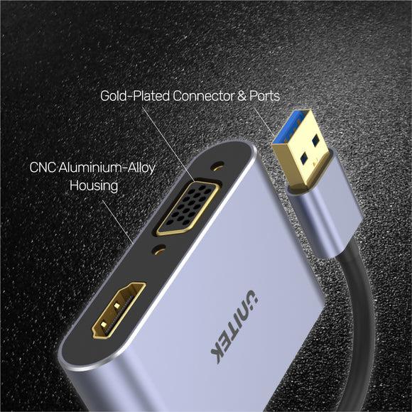Unitek V1304A - USB-A to HDMI 2.0 & VGA Adapter Dual Monitor Support. Screen Res up to 1920x1080P