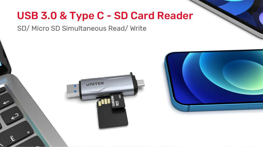 Unitek R1010A - 2-in-1 SD 3.0 Card Reader. Dual USB-A & USB-C Connectors. 5Gbps Fast Trasfer Speed