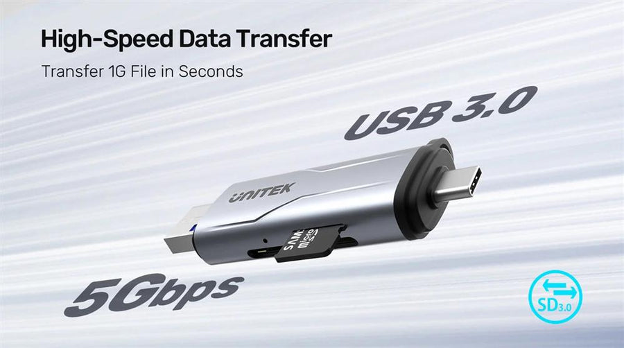 Unitek R1010A - 2-in-1 SD 3.0 Card Reader. Dual USB-A & USB-C Connectors. 5Gbps Fast Trasfer Speed
