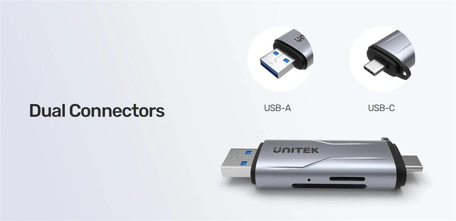 Unitek R1010A - 2-in-1 SD 3.0 Card Reader. Dual USB-A & USB-C Connectors. 5Gbps Fast Trasfer Speed