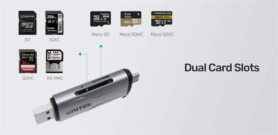 Unitek R1010A - 2-in-1 SD 3.0 Card Reader. Dual USB-A & USB-C Connectors. 5Gbps Fast Trasfer Speed