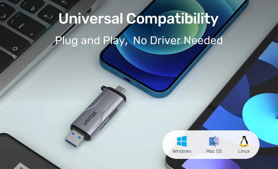 Unitek R1010A - 2-in-1 SD 3.0 Card Reader. Dual USB-A & USB-C Connectors. 5Gbps Fast Trasfer Speed