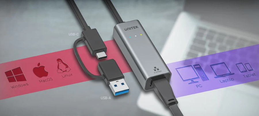 Unitek U1313C - USB to 2.5G Ethernet Adapter w/ 2-in-1 Connectors (USB-C & USB-A). up to 2500Mbps