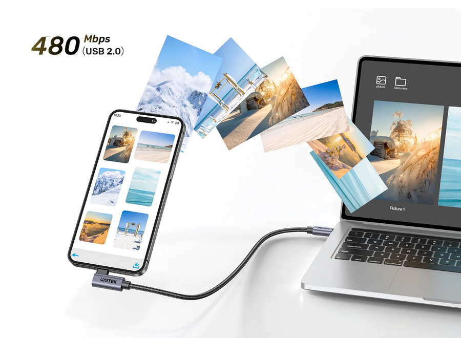Unitek C14123BK-2M - 2m USB-C to Right Angled 90 Degree USB-C Connector. Supports 100W PD Fast Charging