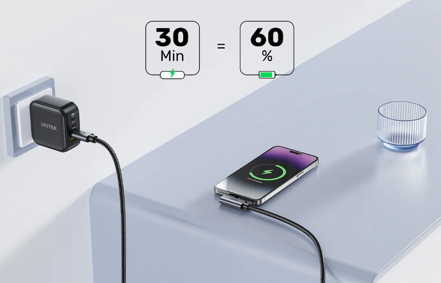 Unitek C14123BK-0-5M - 0.5m USB-C to Right Angled 90 Degree USB-C Connector. Supports 100W PD Fast Charging