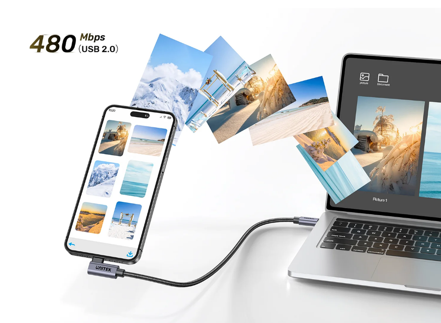 Unitek C14123BK-0-5M - 0.5m USB-C to Right Angled 90 Degree USB-C Connector. Supports 100W PD Fast Charging