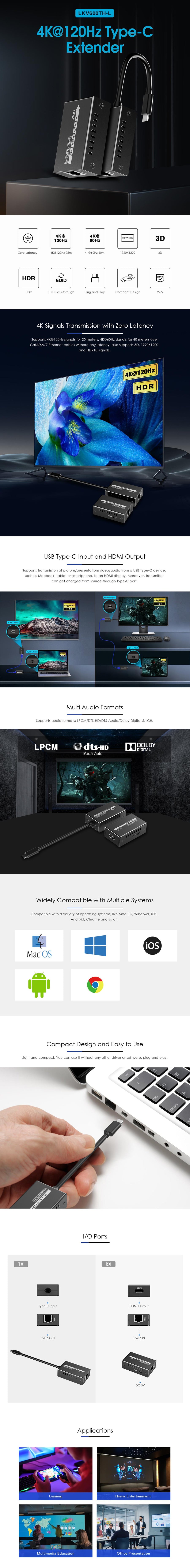 LENKENG LKV600TH-L - USB-C to HDMI Extender Includes both Tx & Rx Units. Supports Res up to 4K@144Hz.