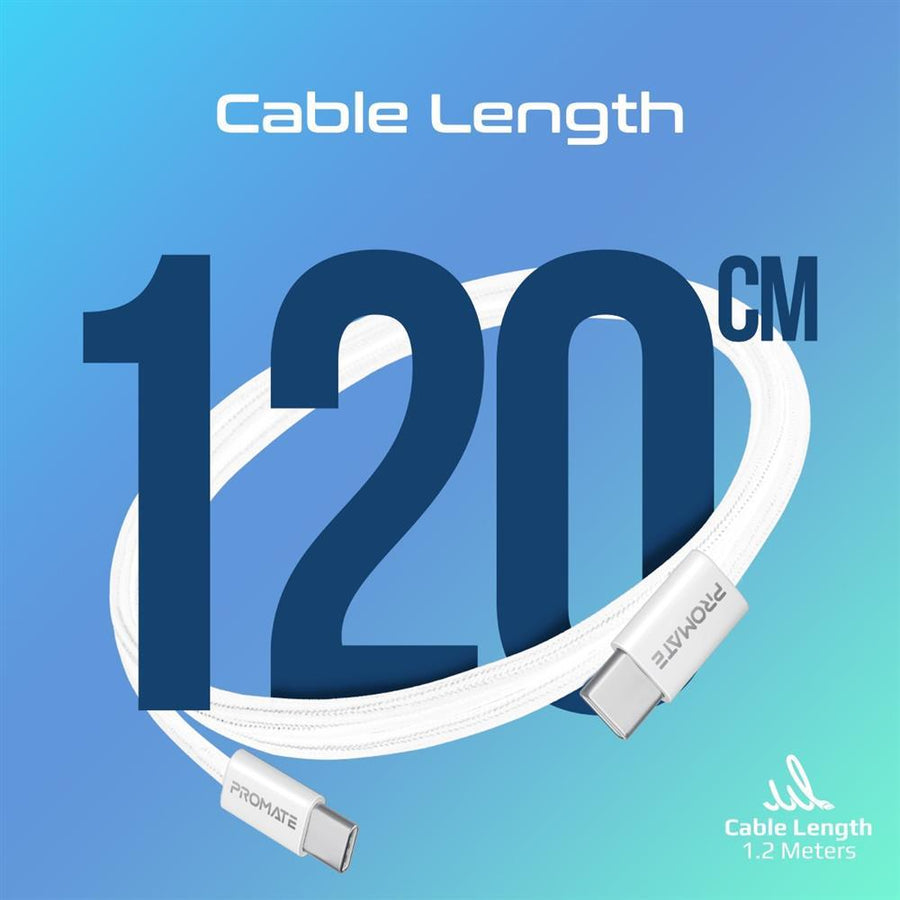 Promate ECOLINE-CC120-WH - 1.2m USB-C to USB-C Cable w/ Fabric Braided Cable Supports 60W PD. White