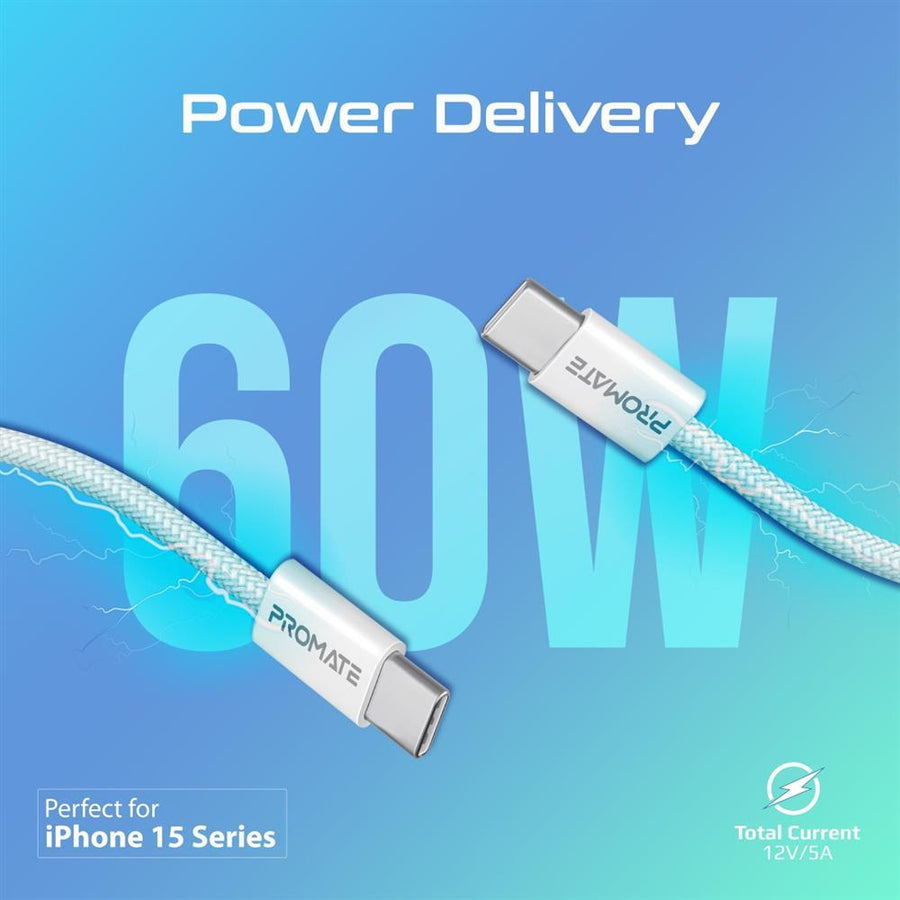 Promate ECOLINE-CC120-WH - 1.2m USB-C to USB-C Cable w/ Fabric Braided Cable Supports 60W PD. White