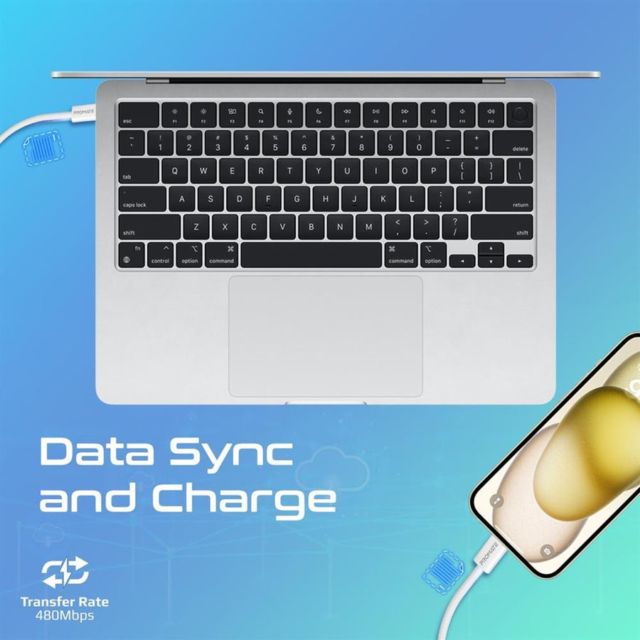 Promate ECOLINE-CC120-WH - 1.2m USB-C to USB-C Cable w/ Fabric Braided Cable Supports 60W PD. White