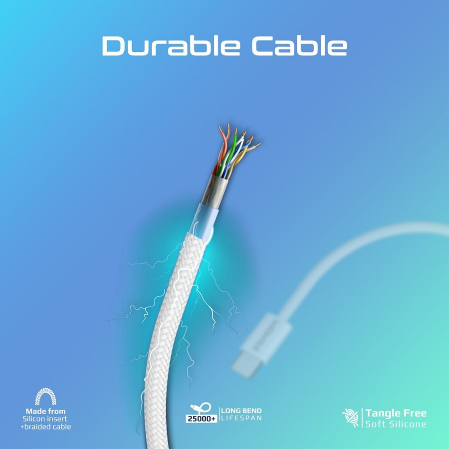 Promate ECOLINE-CC120-WH - 1.2m USB-C to USB-C Cable w/ Fabric Braided Cable Supports 60W PD. White