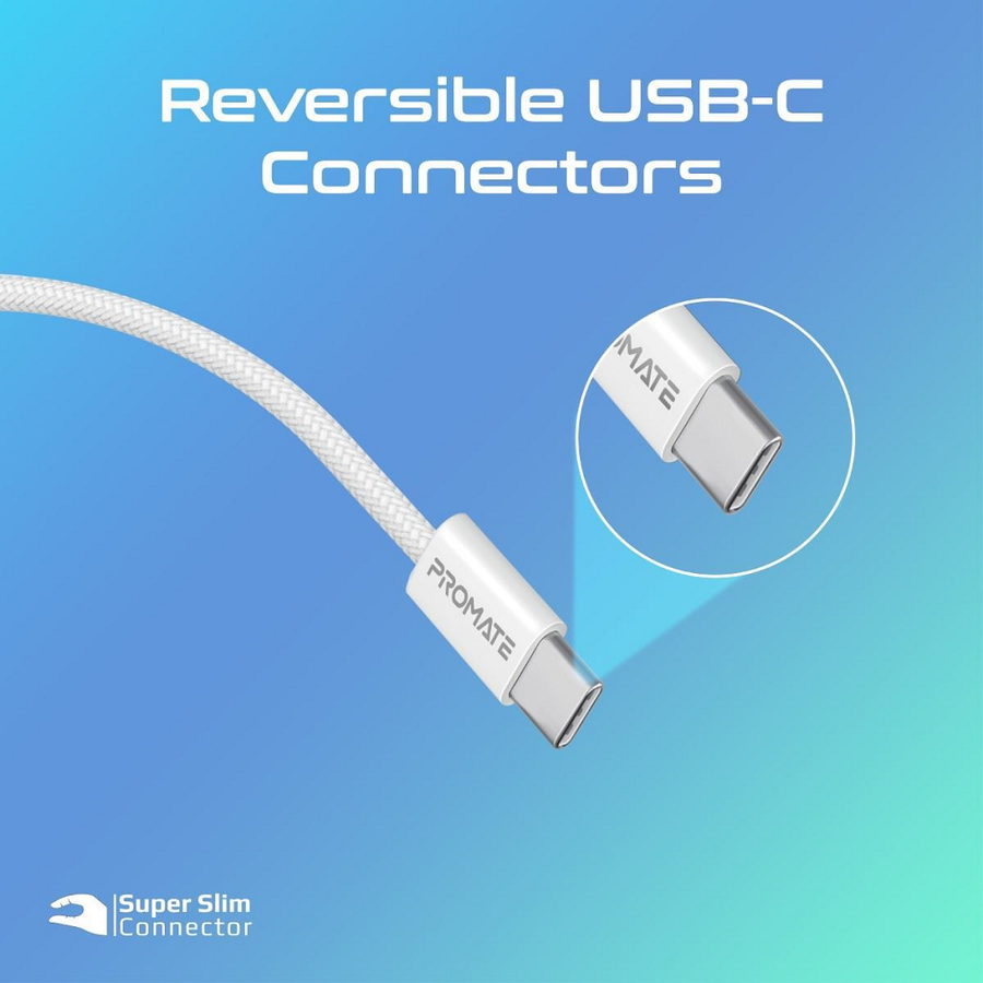 Promate ECOLINE-CC120-WH - 1.2m USB-C to USB-C Cable w/ Fabric Braided Cable Supports 60W PD. White