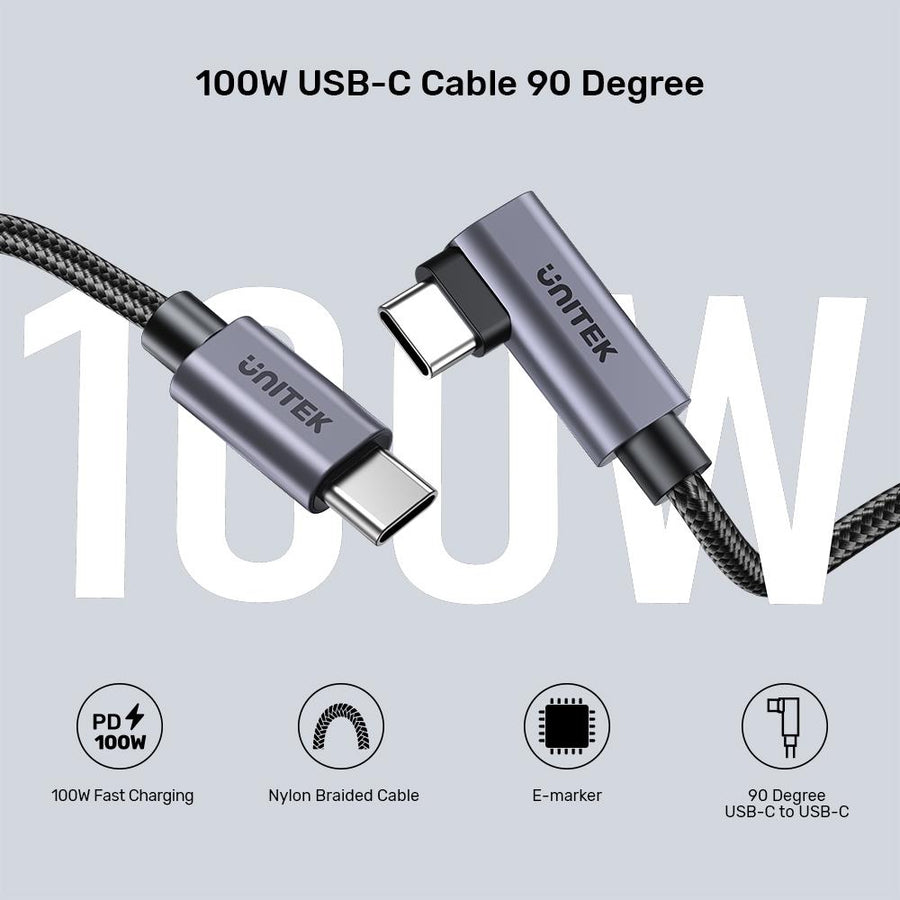 C14123BK-3M - 3m USB-C to Right Angled 90 Degree USB-C Connector. Supports 100W PD Fast Charging