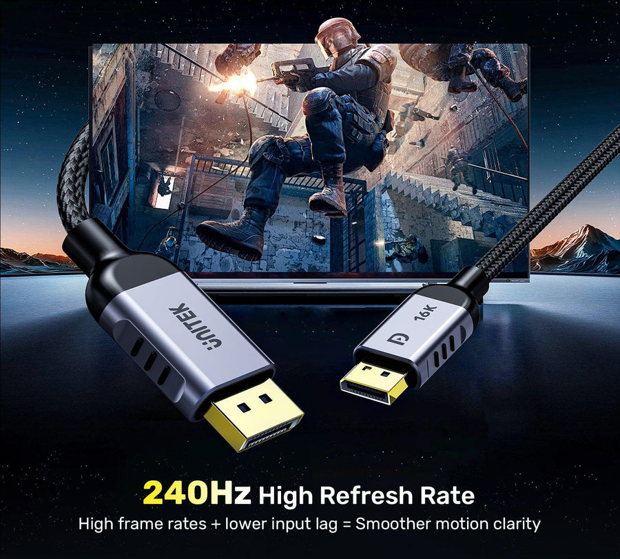 Unitek C1626GY-2M - 2m DisplayPort V2.1 Cable. Supports 16K@60Hz 8K@120Hz & 4K@240Hz