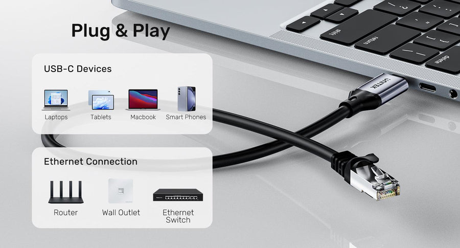C18148AGY01-3M - 3m USB-C to RJ45 High-Speed 1Gbps Ethernet Cable. Connect PC Direct to Router
