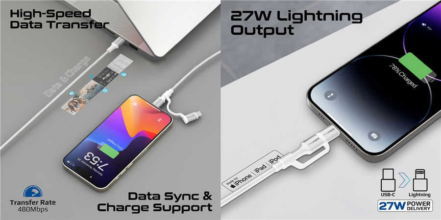Promate POWERLINK-CCI-WT - 1.2m 60w MFi Certified 2-in-1 USB-C Sync & Charge 1x USB-C & 1x Lightning
