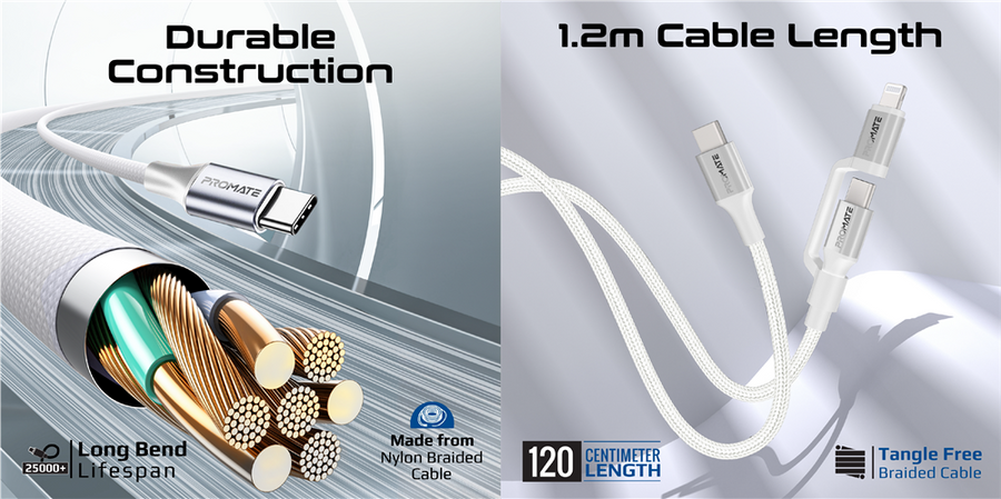 Promate POWERLINK-CCI-WT - 1.2m 60w MFi Certified 2-in-1 USB-C Sync & Charge 1x USB-C & 1x Lightning