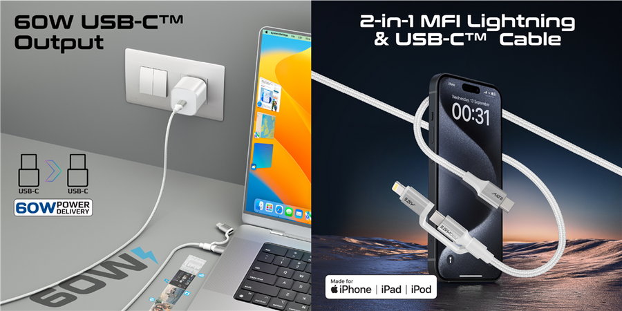 Promate POWERLINK-CCI-WT - 1.2m 60w MFi Certified 2-in-1 USB-C Sync & Charge 1x USB-C & 1x Lightning
