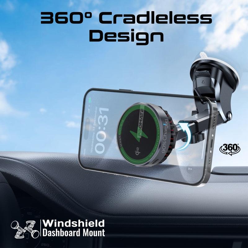 Promate MAGCHILL-QI2 - 15W ActiveCool Cradleless Qi2 Wireless Smartphone inCar Charger Mount. MagSafe