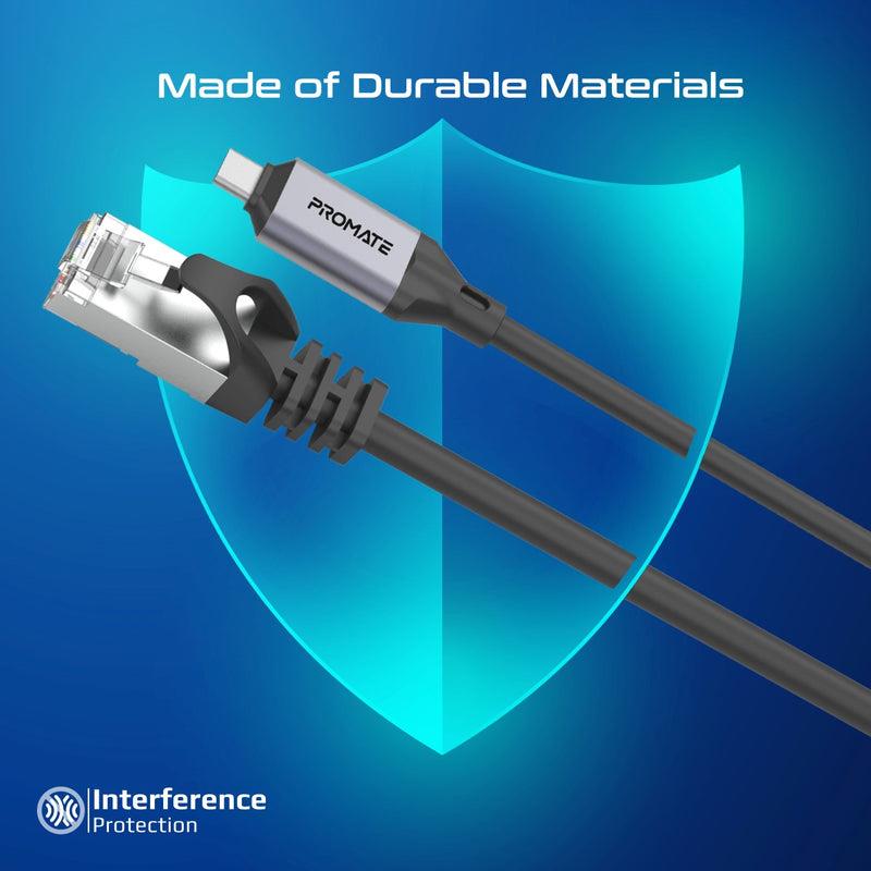 Promate CLINK-RJ45 - 5m USB-C to RJ45 High-Speed 1Gbps Ethernet Cable. Premium Aluminium Alloy