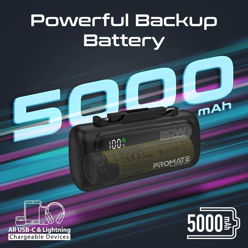 Promate POWERUP-DUO-BLK - 5000mAh Ultra-Compact Fast Charging Power Bank In-Built Dual Folding USB-C & Lightning