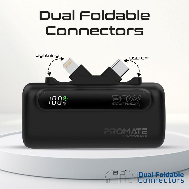 Promate POWERUP-DUO-BLK - 5000mAh Ultra-Compact Fast Charging Power Bank In-Built Dual Folding USB-C & Lightning