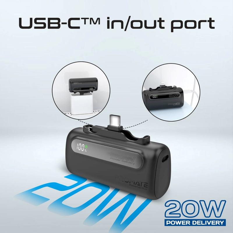 Promate POWERUP-DUO-BLK - 5000mAh Ultra-Compact Fast Charging Power Bank In-Built Dual Folding USB-C & Lightning