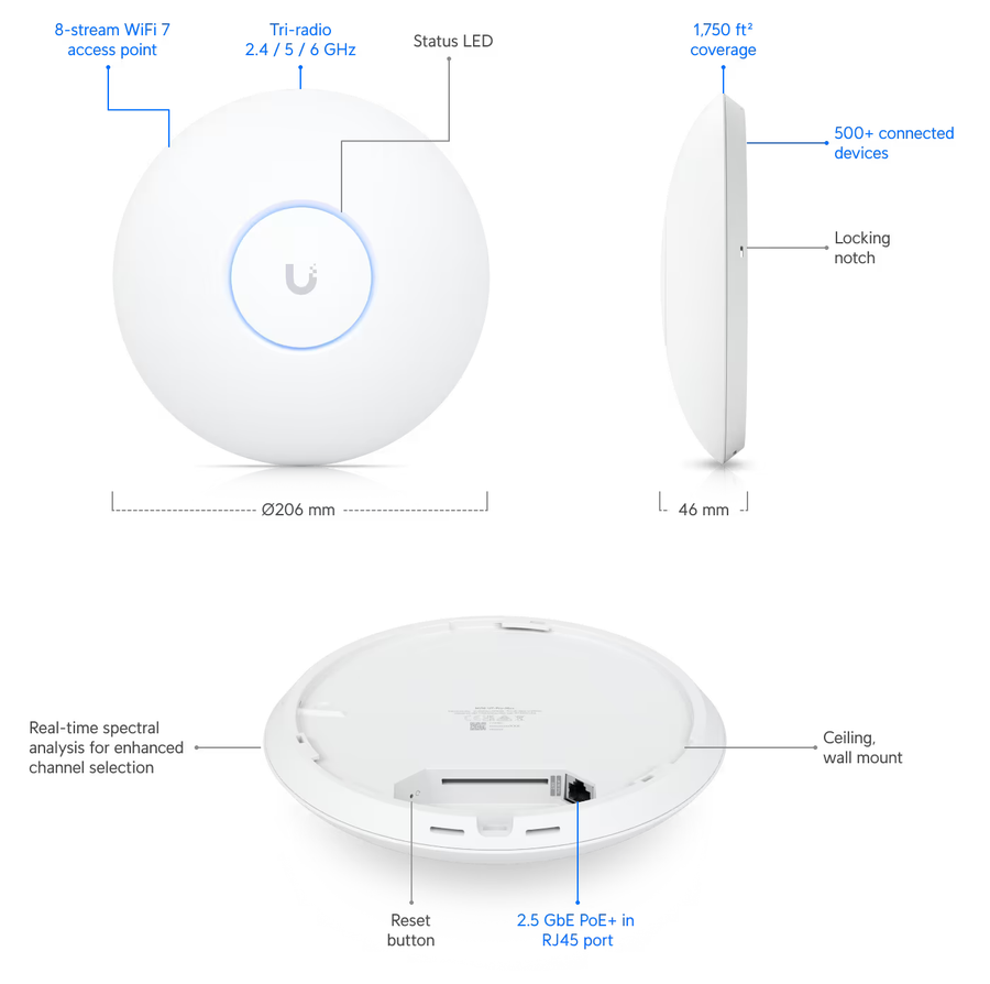 U7-Pro-Max - Ubiquiti UniFi U7-Pro-Max Indoor Tri-Band 2.4GHz/5GHz/6GHz 8 Spatial Streams WiFi 7 Access Point