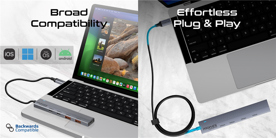Promate LITEHUB-PRO - 4-in-1 USB Multi-Port Ultra Compact Hub USB-C Connector. 2x USB-A 10Gbps Ports & 2x